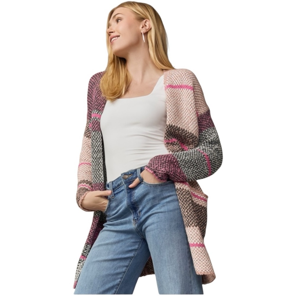 Francesca's Collections Pink and Gray Plaid Cardigan